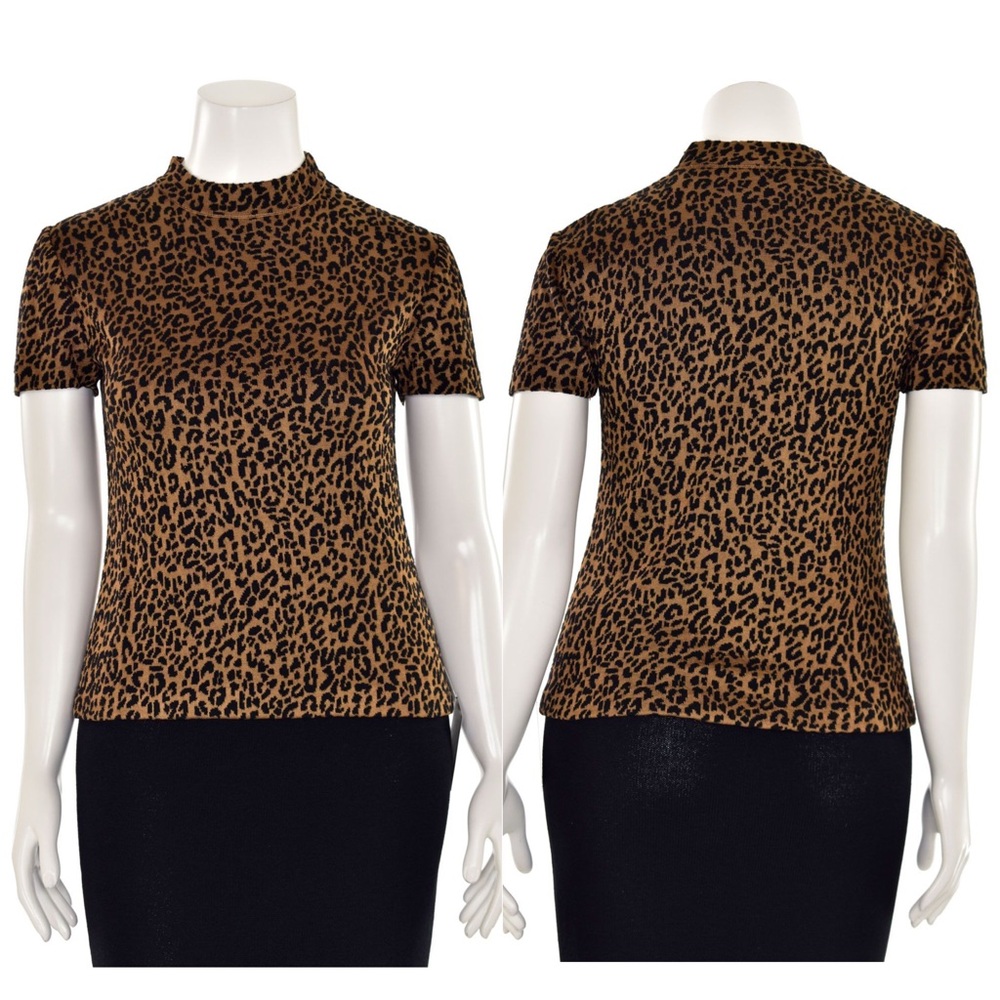 St. John Knit Leopard Animal Print Mock Neck Short Sleeve Top - Picture 4 of 17